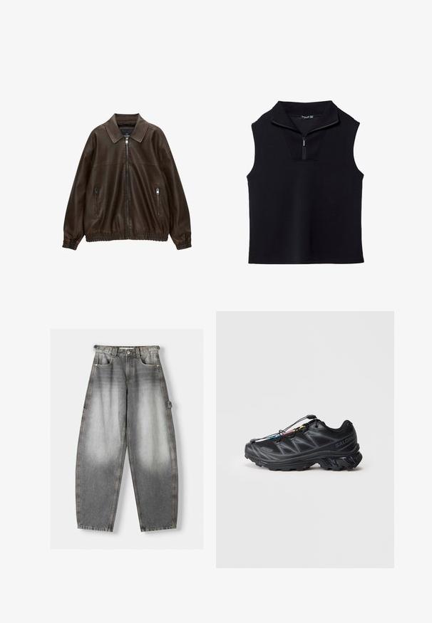 Hnědá kožená bomber bunda s límečkem, dvěma zipovými kapsami, elastickým pasem a texturovaným povrchem. Měkký, ležérní design.; Černý top bez rukávů s vysokým límcem a předním zipem na polovinu, vyrobený z hladkého, elastického materiálu. Má strukturovaný, minimalistický design.; Šedé denimové kalhoty s vybledlým vzhledem, širokým střihem a prošívanými detaily. Vybavené předními kapsami a postranním strapcovým detailem.; Černá atletická bota s texturovaným síťovaným svrškem, zpevněnou špičkou a rychlým systémem šněrování. Disponuje robustní podešví a mírným zvýšením paty.