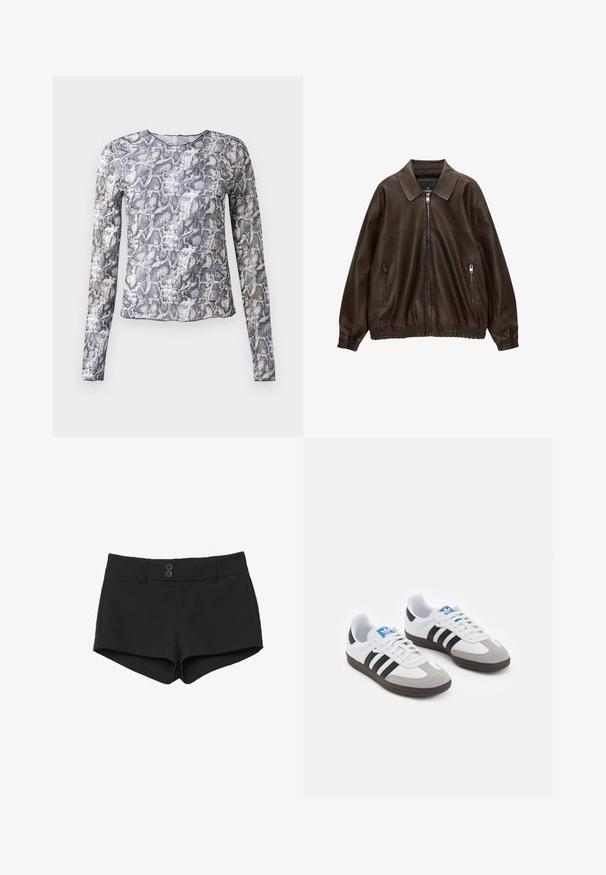 Braune Lederbomberjacke mit kragenartigem Hals, zwei Reißverschlusstaschen, elastischem Bund und strukturiertem Finish. Weiches, lässiges Design.; Langärmliges Oberteil im Schlangenmuster, mit Grautönen und Weiß. Hergestellt aus einem glatten, leichten Stoff mit Rundhalsausschnitt.; Schwarze Shorts aus einem Stoff mit glatter Textur. Sie verfügen über einen Bund, zwei Fronttaschen und zwei schwarze Knopfverschlüsse an der Vorderseite.; Sportschuhe mit einem Obermaterial aus weißem Leder, grauer Wildleder-Zehenkappe und drei schwarzen Streifen. Sie verfügen über ein blaues Logo auf der Zunge und eine strukturierte Gummisohle.