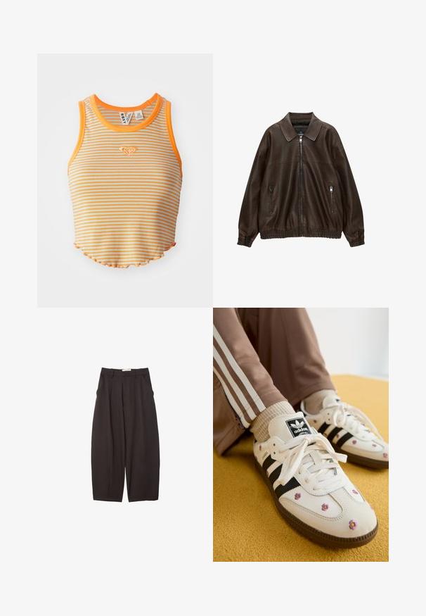 Brameno usnjeno bombersko jopico s ovratnikom, dvema žepoma na zadrgo, elastičnim pasom in teksturirano površino. Mehka, sproščena zasnova.; Črtasta kratka majica v oranžni in svetlo modri barvi, z rebrasto teksturo, okroglim izrezom in valovitim robom. Na sprednji strani je izšita majhna diamanten znak.; Črne široke hlače iz gladkega materiala, z visokim pasom, zgornjimi pregibi in stranskimi žepi. Preprost dizajn brez okrasnih elementov.; Bež usnjeni športni copati s tremi črnimi črtami in cvetličnim vezenjem v vijolični in rumeni barvi. Rjav gumijast podplat. Združeni z bež rebrastimi nogavicami.