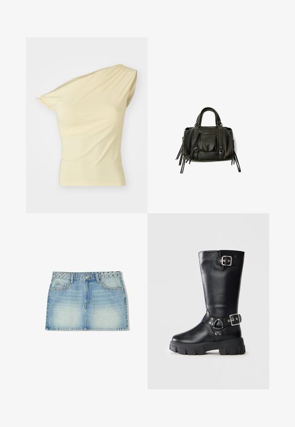 Hnědá kožená bomber bunda s límečkem, dvěma zipovými kapsami, elastickým pasem a texturovaným povrchem. Měkký, ležérní design.; Asymetrický top s jedním ramenem ve světle žluté barvě, vyrobený z hladké, elastické tkaniny; má jemné sklady a přiléhavý střih.; Džínová minisukně ve světle modré barvě, vybavená páskem se cvočky, dvěma předními kapsami a rovnou siluetou s vybledlým vzhledem.; Černá kožená bota po lýtko s robustní podrážkou, dvě stříbrné spony - jedna nahoře a druhá kolem kotníku.; Černá kožená kabelka s pletenými rukojetmi, kapsou na zip a visícími třásněmi. Texturovaný povrch s kovovými hroty a kovovými akcenty.