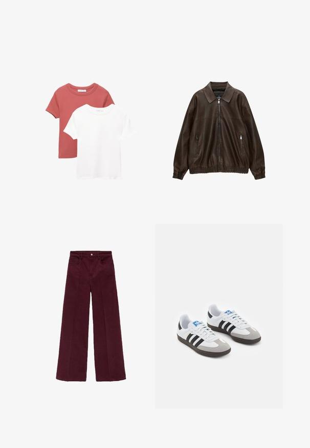 Braune Lederbomberjacke mit kragenartigem Hals, zwei Reißverschlusstaschen, elastischem Bund und strukturiertem Finish. Weiches, lässiges Design.; Zwei kurzärmelige T-Shirts; eines in Terrakotta mit einem Rundhalsausschnitt und eines in Weiß. Beide bestehen aus weichem Baumwollmaterial.; Burgunderfarbene weite Hosen aus weichem Baumwollmischgewebe, mit einem Knopfverschluss vorne, zwei Seitentaschen und einem sauberen Saum.; Sportschuhe mit einem Obermaterial aus weißem Leder, grauer Wildleder-Zehenkappe und drei schwarzen Streifen. Sie verfügen über ein blaues Logo auf der Zunge und eine strukturierte Gummisohle.