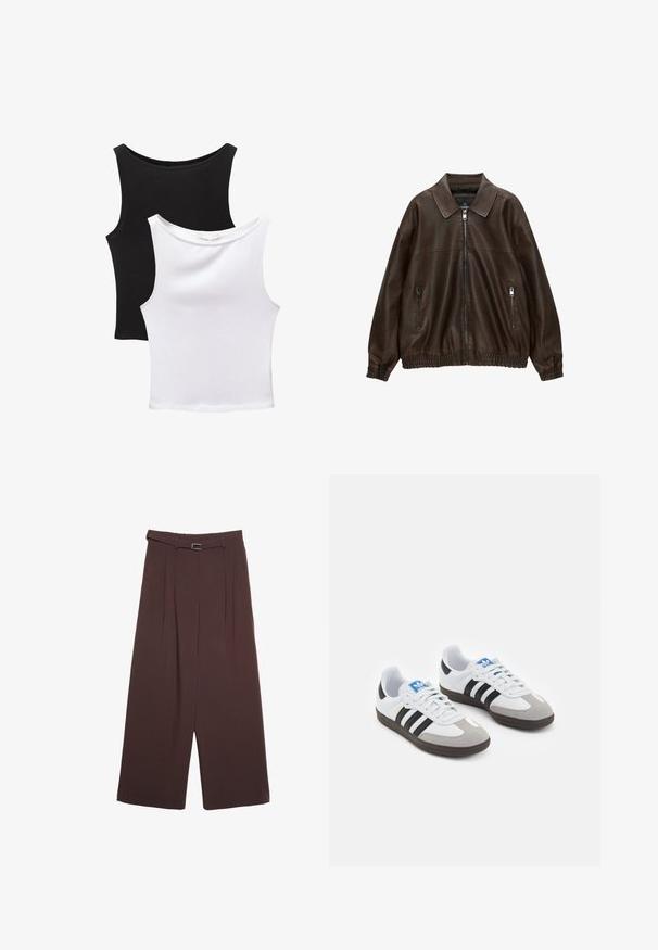 Bruin leren bomberjack met een kraag, twee ritssluitingen, elastische tailleband en een gestructureerde afwerking. Zacht, casual ontwerp.; Twee mouwloze tops in zwart en wit, gemaakt van katoen. Beschikken over ronde halslijnen en een fitted ontwerp met een gladde textuur.; Stradivarius WIDE-LEG WITH BUCKLE DETAIL  - Broek - dark brown; Sportschoenen met een witte leren bovenkant, grijze suède neus en drie zwarte strepen. Bevat een blauw logo op de tong en een gestructureerde rubberen zool.