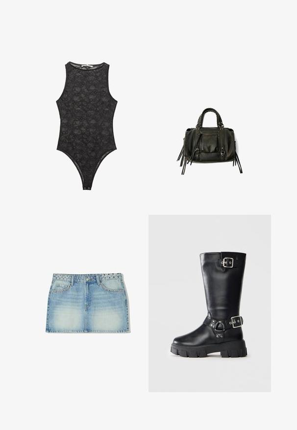 Braune Lederbomberjacke mit kragenartigem Hals, zwei Reißverschlusstaschen, elastischem Bund und strukturiertem Finish. Weiches, lässiges Design.; Schwarzer Spitzenbodysuit mit hohem Kragen, ärmellosem Design und Druckknopfverschluss am Boden. Zartes Blumenmuster über das gesamte Teil.; Denim-Minirock in Hellblau, mit einem genoppten Bund, zwei Fronttaschen und geradem Schnitt mit verblasstem Muster.; Schwarze Lederstiefel bis zur Mitte der Waden mit dicker Profilsohle, zwei silbernen Schnallenriemen – einer oben und einer um den Knöchel.; Schwarze Lederhandtasche mit geflochtenen Griffen, Reißverschlussfach und hängenden Quasten. Strukturiert Oberfläche mit Metallnieten und Hardware-Akzenten.