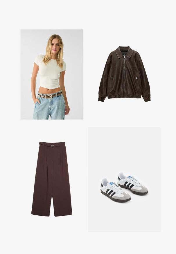 Braune Lederbomberjacke mit kragenartigem Hals, zwei Reißverschlusstaschen, elastischem Bund und strukturiertem Finish. Weiches, lässiges Design.; Kurze cremefarbene Ripp-T-Shirt mit hochgeschnittenen hellblauen Jeans und einem gemusterten Gürtel mit Nieten und einer dekorativen Schnalle.; Stradivarius WIDE-LEG WITH BUCKLE DETAIL  - Stoffhose - dark brown; Sportschuhe mit einem Obermaterial aus weißem Leder, grauer Wildleder-Zehenkappe und drei schwarzen Streifen. Sie verfügen über ein blaues Logo auf der Zunge und eine strukturierte Gummisohle.