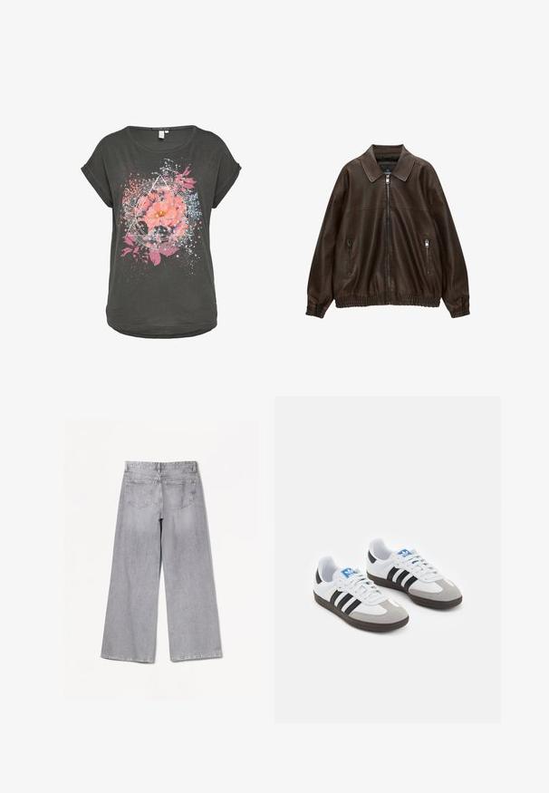 Bruin leren bomberjack met een kraag, twee ritssluitingen, elastische tailleband en een gestructureerde afwerking. Zacht, casual ontwerp.; Donkergrijze t-shirt met korte mouwen met een bloemgraphic met roze bloemen en blauwe accenten, omringd door geometrische vormen en spetterpatronen.; Bershka WIDE-LEG - Wide leg - grey; Sportschoenen met een witte leren bovenkant, grijze suède neus en drie zwarte strepen. Bevat een blauw logo op de tong en een gestructureerde rubberen zool.