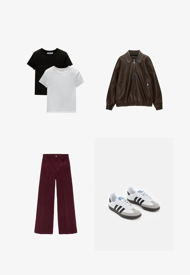 Brązowa skórzana kurtka pilotka z kołnierzowym dekoltem, dwoma zapinanymi na zamek kieszeniami, elastycznym pasem i teksturowanym wykończeniem. Miękki, swobodny design.; Dwie koszulki z okrągłym dekoltem w kolorze czarnym i białym, wykonane z bawełny. Posiadają krótkie rękawy i jednolity kolor bez wzorów czy akcentów.; Burgundowe spodnie o szerokich nogawkach, wykonane z miękkiej tkaniny bawełnianej, z przodem zapinanym na guzik, dwoma kieszeniami bocznymi i wykończeniem dołu.; Buty sportowe z białą skórzaną cholewką, szarym zamszowym noskiem i trzema czarnymi paskami. Posiadają niebieskie logo na języku oraz teksturowaną gumową podeszwę.