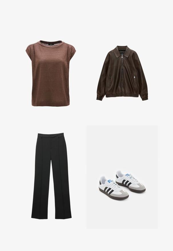 Bruin leren bomberjack met een kraag, twee ritssluitingen, elastische tailleband en een gestructureerde afwerking. Zacht, casual ontwerp.; Bruine top met korte mouwen, ronde hals, losse pasvorm, gemaakt van lichtgewicht materiaal, met zijnaden en zonder zichtbare versieringen.; Zwarte hoge taille wijde broek met riemlussen en een detail met verticale naad, gepresenteerd op een witte achtergrond.; Sportschoenen met een witte leren bovenkant, grijze suède neus en drie zwarte strepen. Bevat een blauw logo op de tong en een gestructureerde rubberen zool.