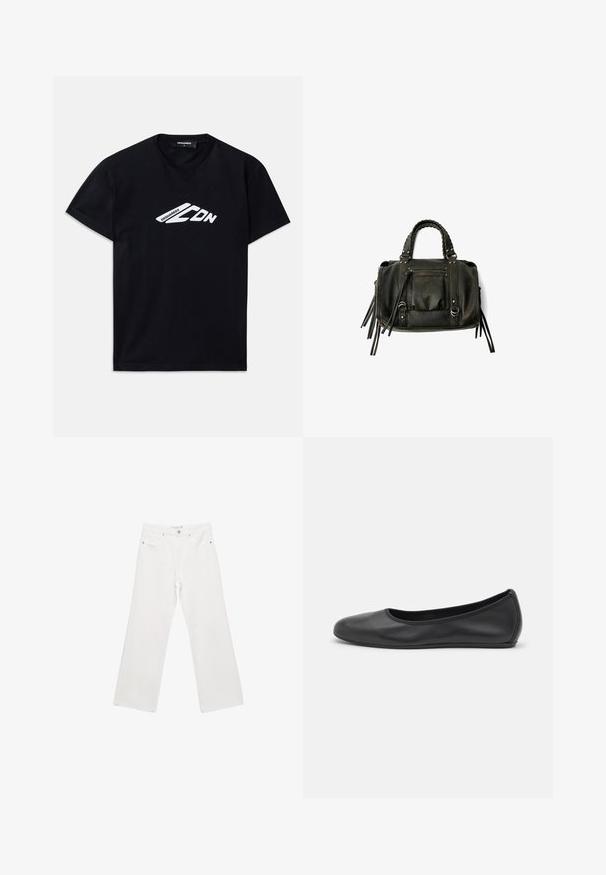 Giubbotto bomber in pelle marrone con collo a camicia, due tasche con zip, vita elastica e finitura testurizzata. Design morbido e casual.; T-shirt nera in cotone con maniche corte e collo rotondo. Presenta un logo grafico bianco "DSQUARED2 CDN" sul davanti.; Pantaloni larghi in denim bianco con design a cinque tasche, dotati di minuteria metallica e cuciture a contrasto. Texture liscia e vestibilità rilassata.; Pantofole da balletto nere in pelle con punta arrotondata, texture liscia, dettagli di cucitura minimi e design con suola flessibile.; Borsa a tracolla in pelle nera con manici intrecciati, tasca con zip e nappine pendenti. Superficie texturizzata con borchie metalliche e dettagli in metallo.