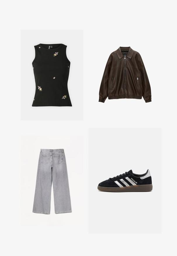 Barna bőr bombázó dzseki, galléros nyakkivágással, két cipzáras zsebbel, rugalmas derékpánttal és texturált felülettel. Puha, időtlen kialakítás.; Fekete, bordás, ujjatlan felső, színes virágmintás hímzéssel. Kerek nyakkivágással és testhezálló fazonnal, alkalmas hétköznapi viseletre.; Bershka WIDE-LEG - Széles szárú - grey; Fekete velúr sportcipő fehér csíkokkal, gumitalppal és fényes ezüst akcentussal a sarkán. Klasszikus alacsony felső kialakítású.