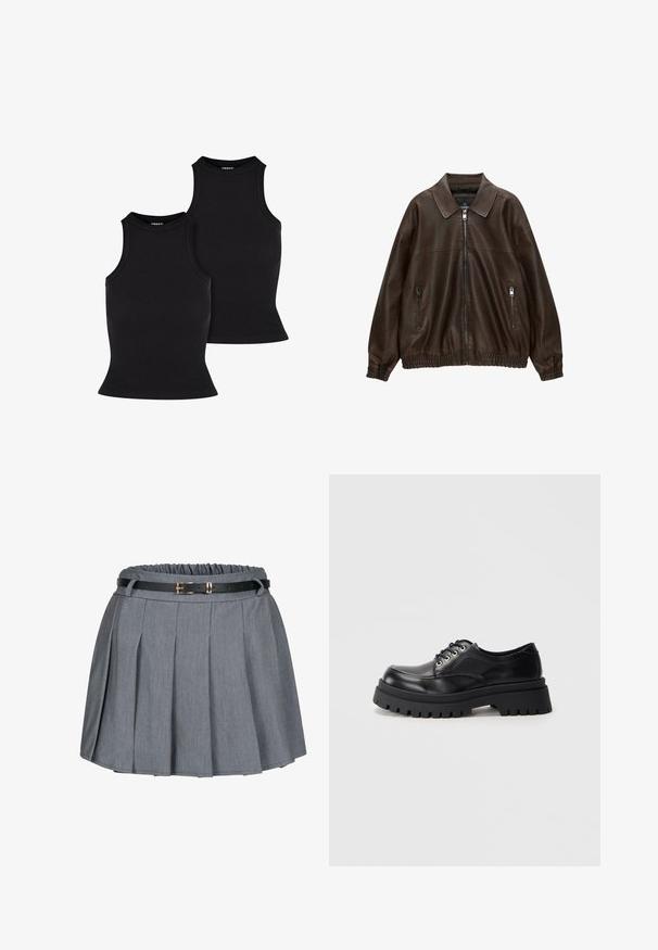 Braune Lederbomberjacke mit kragenartigem Hals, zwei Reißverschlusstaschen, elastischem Bund und strukturiertem Finish. Weiches, lässiges Design.; Schwarze gerippte Tanktops, eng anliegendes Design mit hohem Kragen und ärmellosem Stil. Die Textur wirkt dehnbar und glatt und weist eine schlichte Silhouette auf.; Grauer Faltenrock mit gatherd Taille und einem schwarzen Gürtel mit goldener Schnalle. Weicher Stoff mit glatter Textur.; Schwarze Leder-Schnürschuhe mit klobiger Sohle und dicker, profilierter Plattformsohle sowie metallenen Ösen vor einem schlichten grauen Hintergrund.