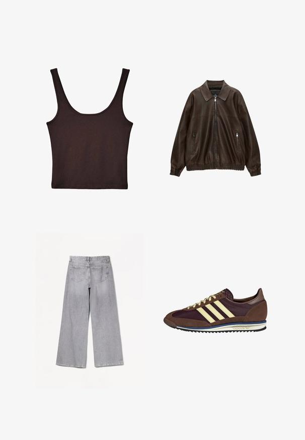 Giubbotto bomber in pelle marrone con collo a camicia, due tasche con zip, vita elastica e finitura testurizzata. Design morbido e casual.; Top in cotone marrone scuro a costine con spalline larghe e design aderente. Il tessuto è morbido, con una consistenza liscia e una lunghezza cropped.; Bershka WIDE-LEG - Wide Leg - grey; Sneaker marrone e bordeaux realizzato in materiali scamosciati e in rete, caratterizzato da tre strisce color crema, tessuto testurizzato sulla linguetta e suola in gomma.