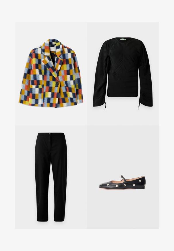 Farebný vlnený blejzer s geometrickým vzorom v modrej, oranžovej, žltej, bielej a čiernej farbe, s chlopňami a jedným gombíkom na zapínanie.; Čierny dlhý rukáv textúrovaný top s jemnými vlnitými vzormi, okrúhlym výstrihom, mierne pufovanými ramennými časťami a malými viazaniami na koncoch rukávov.; Čierne nohavice so stupňovým strihom, zapínanie na gombík a zips, hladká tkanina a minimálne detaily na svetlom pozadí.; Čierne kožené baleríny typu Mary Jane s okrúhlou špičkou, so striebornými kruhovými cvokmi a nastaviteľným remienkom so sponou.