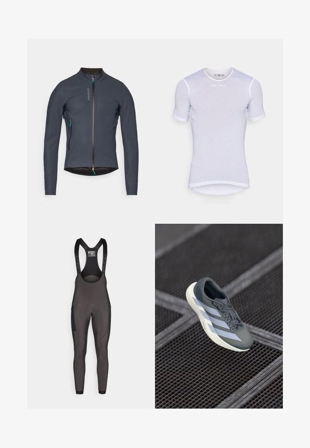Tmavě šedá cyklistická bunda s úzkým límcem, plným předním zipem a texturovanou vnitřní podšívkou. Obsahuje zipovou kapsu s tyrkysovými detaily.; Bílá krátkosrstá síťovaná košile s kulatým výstřihem, která má prodyšnou texturu a decentní logo značky na hrudi.; Černé cyklistické šortky s nastavitelnými šlemi, polstrovanou sedací částí a texturovanými panely na stranách pro lepší grip a podporu.; Sportovní obuv v šedé a bílé barvě, vyrobená z syntetického materiálu, s aerodynamickým designem, texturovaným povrchem a výrazným systémem šněrování.