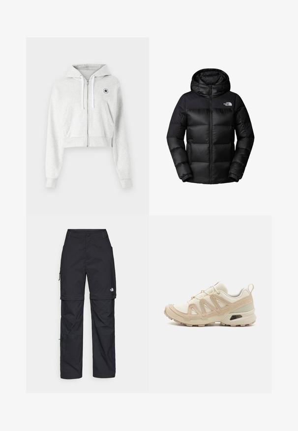 Chaqueta de pluma negra con cierre de cremallera en la parte delantera, gran capucha y acolchado horizontal. Fabricada con una tela suave y duradera, con el logotipo en el pecho.; Sudadera corta gris hecha de una tela suave, que cuenta con una cremallera frontal, cordones blancos y un parche circular con el logo en el lado izquierdo del pecho.; Camiseta de manga larga negra de algodón con cuello redondo. Presenta un pequeño logotipo blanco en la parte izquierda del pecho. Diseño y ajuste simples.; Pantalones cargo de nailon negro con cremallera desmontable, puños ajustables, múltiples bolsillos y un logotipo en la pierna derecha. Textura suave y ligera.; Zapatilla deportiva beige y crema con parte superior de malla texturizada, superposiciones de soporte y suela de goma con un patrón de tracción.