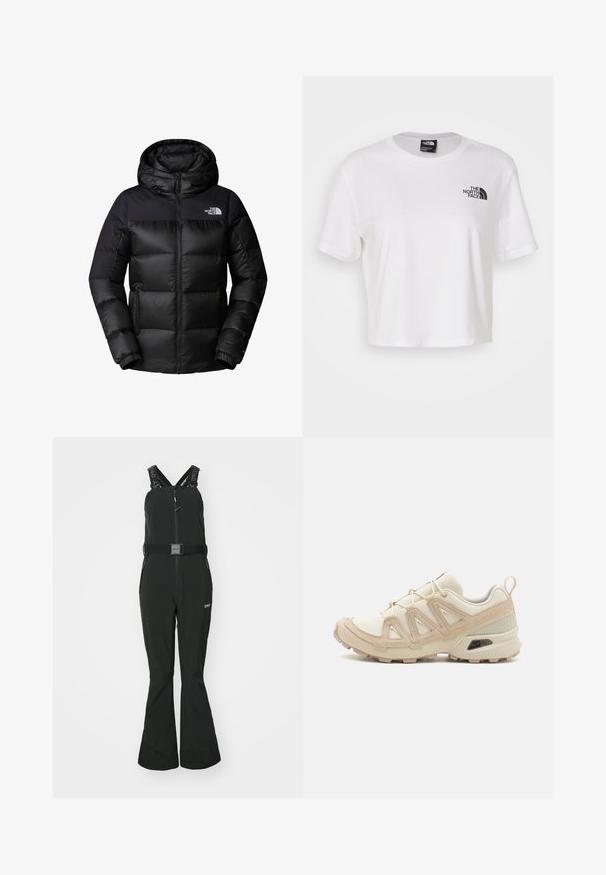 Crna puffer jakna s patentnim zatvaračem sprijeda, velikom kapom i horizontalnim kvadratićima. Izrađena od glatkog, izdržljivog materijala s logotipom na prsima.; Bijela kratka majica od pamuka s okruglim izrezom i kratkim rukavima. Sadrži crni logo na lijevoj strani prsnog koša.; Oakley HARPER BIB - Snowboard hlače - blackout; Bež i kremasti sportski tenisice s teksturiranim mrežastim gornjim dijelom, potpornih preklopa i gumeni potplat s uzorcima za prianjanje.