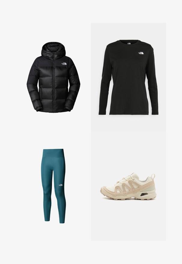 Zwarte pufferjas met een rits aan de voorkant, grote capuchon en horizontale quiltstructuur. Gemaakt van een gladde, duurzame stof met een logo op de borst.; Zwart langsluiting T-shirt van katoen met een ronde hals. Heeft een klein wit logo op de linkerkant van de borst. Eenvoudig ontwerp en pasvorm.; The North Face W FLEX 28IN TIGHT - Legging - space; Beige en crème sportschoen met een textuur-mesh bovenwerk, ondersteunende overlays en een rubberen zool met een profielpatroon voor grip.
