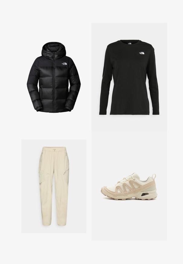 Casaco puffer preto com fecho em zíper à frente, capuz grande e acolchoamento horizontal. Feito de um tecido liso e durável com o logotipo no peito.; T-shirt preto de mangas longas, feito de algodão, com decote redondo. Apresenta um pequeno logótipo branco na área esquerda do peito. Design simples e ajuste confortável.; Calças cargo em beige claro com um cós elástico, bolsos com fecho e detalhes em painéis. Feitas de um tecido liso e leve.; Sapatilha atlética beige e creme com parte superior em malha texturizada, sobreposições de suporte e sola de borracha com um padrão de cravo para tração.