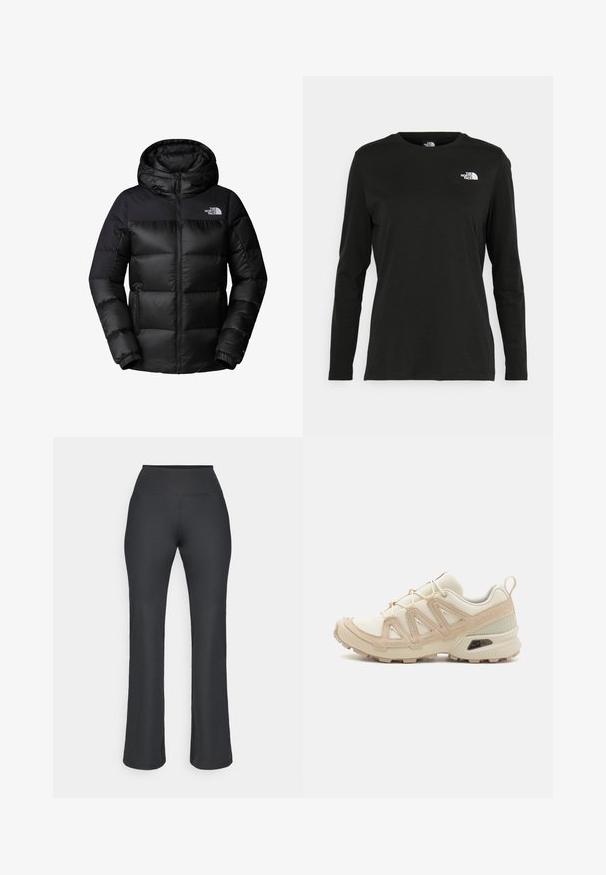 Black puffer jacket featuring a zip front, large hood, and horizontal quilting. Made from smooth, durable fabric with logo on chest.; Black long-sleeve t-shirt made of cotton with a round neck. Features a small white logo on the left chest area. Simple design and fit.; Ribbed, black flared pants with a high waistband. The fabric has a smooth texture and structured design, extending to a loose fit at the ankles.; Beige and cream athletic shoe with textured mesh upper, supportive overlays, and rubber outsole featuring a tread pattern for traction.