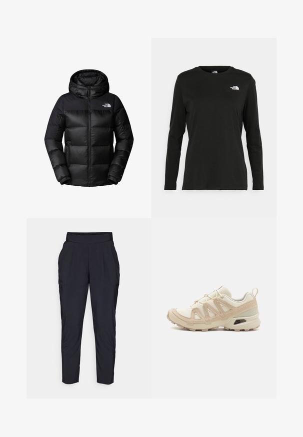 Fekete puffdzseki cipzáros elől, nagy kapucnival és vízszintes steppeléssel. Simítását a strapabíró anyag adja, a mellrészén logó található.; Fekete, hosszú ujjú póló pamutból, kerek nyakkal. A bal mellrészen egy kis fehér logó található. Egyszerű dizájn és szabás.; Fekete, szűkített szárú nadrág széles, rugalmas derékpánnnal, elülső redőkkel és oldalsó zsebekkel. Finom, könnyű anyagból készült.; Beige és krém színű sportcipő, texturált hálós felsőrésszel, támogató burkolattal és gumitalppal, amely tapadás érdekében bordázott mintázattal rendelkezik.