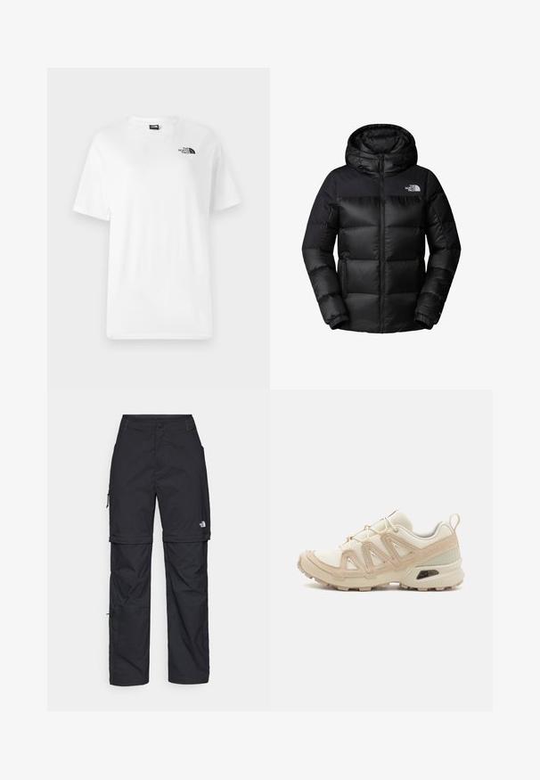 Čierna puffrová bunda s predným zipsom, veľkou kapucňou a horizontálnym prešívaním. Vyrobená z hladkej, odolnej tkaniny s logom na hrudi.; Biela bavlnená tričko s krátkymi rukávmi, klasickým výstrihom a malým čiernym logom na ľavej hornej časti hrude. Hladká textúra, bežný strih.; Čierne nylonové cargo nohavice s odnímateľnými nohavicami, nastaviteľnými manžetami, viacerými vreckami a logom na pravej nohe. Hladká, ľahká textúra.; Beige a krémová športová obuv s textúrovaným sieťovým zvrškom, podporujúcimi prekrytiami a gumovou podrážkou s dezénom pre trakciu.