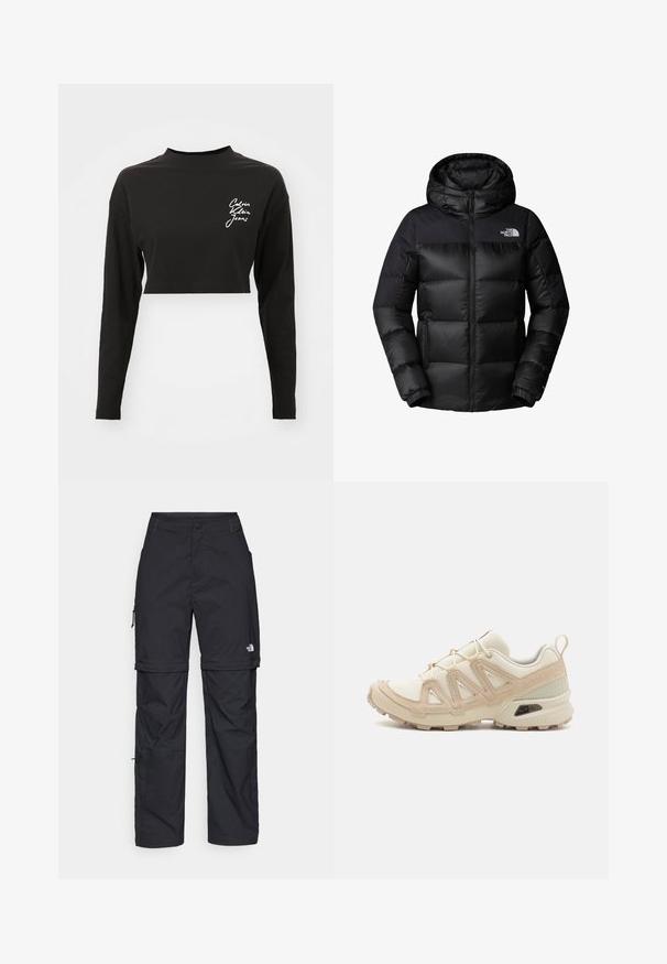 Zwarte pufferjas met een rits aan de voorkant, grote capuchon en horizontale quiltstructuur. Gemaakt van een gladde, duurzame stof met een logo op de borst.; Zwarte lange mouwen crop top van zacht katoen, met een hoge halslijn en een wit logo op het linkerborstgedeelte.; Zwarte nylon cargo broek met afneembare pijpen, verstelbare manchetten, meerdere zakken en een logo op het rechterbeen. Gladde, lichte textuur.; Beige en crème sportschoen met een textuur-mesh bovenwerk, ondersteunende overlays en een rubberen zool met een profielpatroon voor grip.
