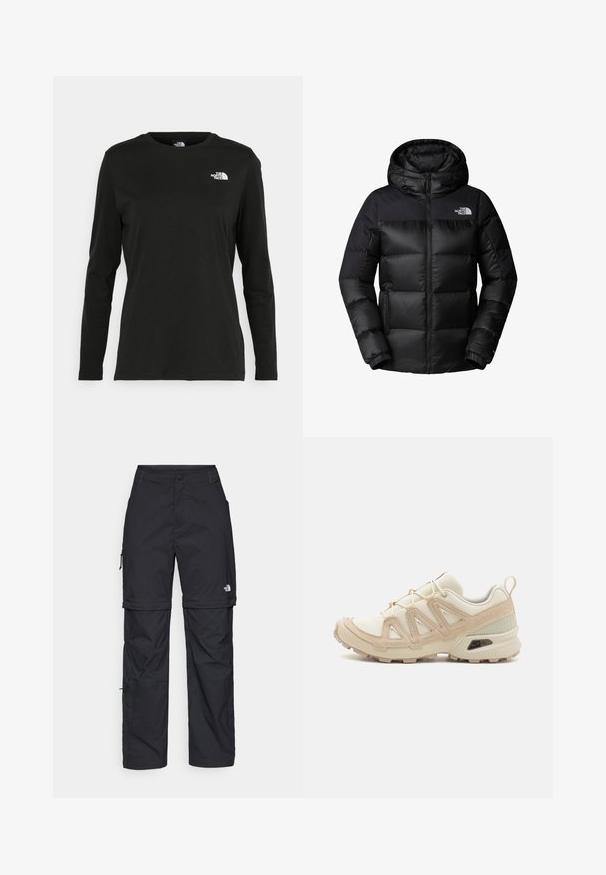Crna puffer jakna s patentnim zatvaračem sprijeda, velikom kapom i horizontalnim kvadratićima. Izrađena od glatkog, izdržljivog materijala s logotipom na prsima.; Crni dugih rukava majica od pamuka s okruglim izrezom. Ima mali bijeli logo na lijevoj strani prsnog područja. Jednostavan dizajn i kroj.; Crne najlon hlače s munjevim zatvaranjem, odvojive cargo hlače s podesivim manžetama, brojnim džepovima i logom na desnoj nozi. Glatka, lagana tekstura.; Bež i kremasti sportski tenisice s teksturiranim mrežastim gornjim dijelom, potpornih preklopa i gumeni potplat s uzorcima za prianjanje.