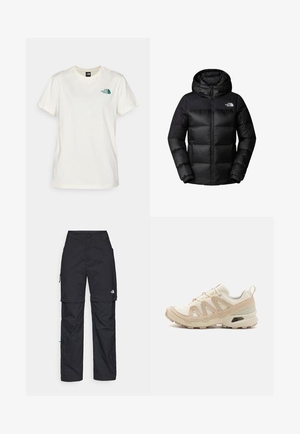 Črna pufi jakna z zadrgo spredaj, velikim kapuco in horizontalnim šivom. Narejena iz gladkega, trpežnega materiala z logotipom na prsih.; The North Face BOX RELAXED TEE - Potiskana majica - white dune/evergreen; Črne najlon hlače z zipom, ki se lahko odstranijo, s prilagodljivimi manšetami, več žepi in logotipom na desni nogi. Gladka, lahka tekstura.; Bež in krem športni čevlji z teksturiranim mrežastim zgornjim delom, podpornimi prekrivali in gumijastim podplatom z vzorcem za oprijem.