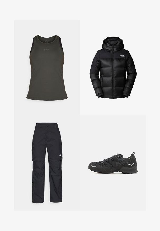 Čierna puffrová bunda s predným zipsom, veľkou kapucňou a horizontálnym prešívaním. Vyrobená z hladkej, odolnej tkaniny s logom na hrudi.; Aerobikový tielko z tmavozelenej tkaniny, s okrúhlym výstrihom a tenkými ramienkami. Text "BORG" je diskrétne potlačený na prednej strane.; Čierne nylonové cargo nohavice s odnímateľnými nohavicami, nastaviteľnými manžetami, viacerými vreckami a logom na pravej nohe. Hladká, ľahká textúra.; Čierne turistické topánky s textúrovaným textilným zvrškom, viazacím systémom a robustnou gumovou podrážkou. Ozdobené reflexnými detailmi a logami.
