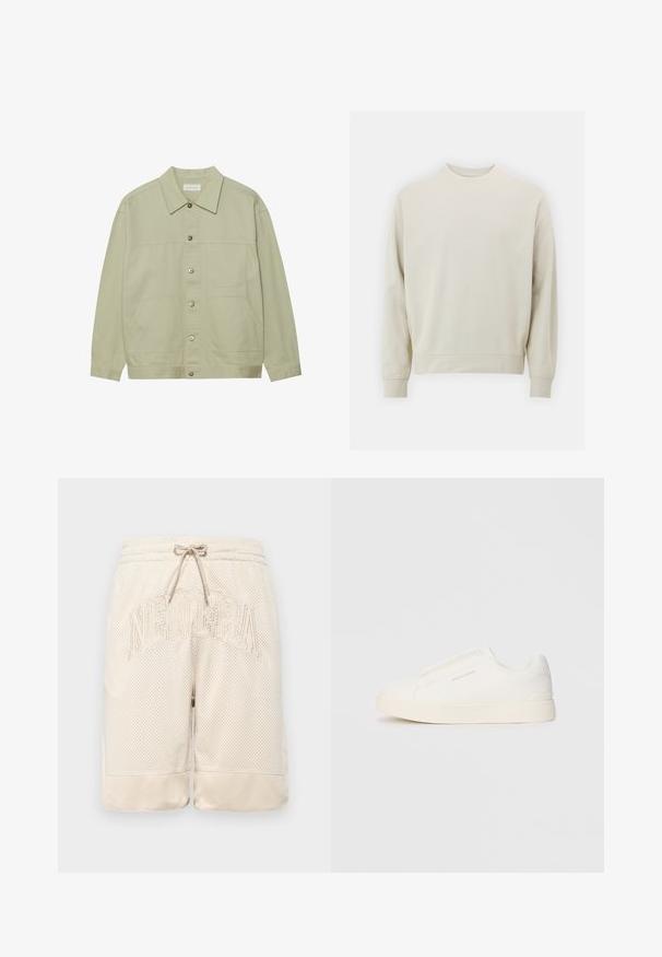 Gaiši zaļš, pogājams jaciņa, izgatavota no kokvilnas. Satur divas priekšējās kabatas un klasisku apkakli. Audums ar tekstūru un gludu apdari.; Gaišs bežs džemperis, kas izgatavots no mīkstas auduma, ar noapaļotu kakla izgriezumu, garām piedurknēm un ribotām aprocēm un apakšmalu. Minimālistisks dizains, bez redzamām rakstām.; Beige sieta šorti ar teksturētu virsmu, ar auklas jostu un uzsistu "NEWERA" logotipu priekšpusē.; Baltas slip-on sporta apavi ar teksturētu virsmu, biezu zoli un minimālistisku dizainu. Sānos redzams zīmola logotips.