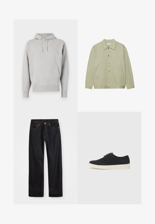 Chaqueta de algodón de color verde claro, con botones. Presenta dos bolsillos de parche en la parte frontal y un collar clásico. Tejido texturizado con un acabado suave.; Sudadera con capucha gris, hecha de una tela suave, que cuenta con un bolsillo canguro, cierre con cordón y puños y dobladillo de canalé. Diseño sencillo.; Jeans de mezclilla negros de pierna recta para hombre, con cinco bolsillos y costuras en color naranja, cierre de botón y cremallera en la parte delantera de la cintura.; Zapato negro de ante con cordones, punta redonda, suela ligera de color crema y sutiles acentos de costura azul en la parte superior.