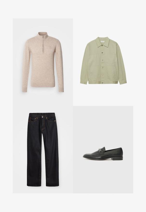 Light green, button-up jacket made of cotton. Features two front patch pockets and a classic collar. Textured fabric with a smooth finish.; INDICODE JEANS Jumper - beige mix; Men’s straight-leg black denim jeans with five pockets and orange stitching, button and zip closure on front waistband.; Black leather loafer with a smooth finish, featuring a stitched design and a decorative metal chain accent across the vamp. Flat heel.