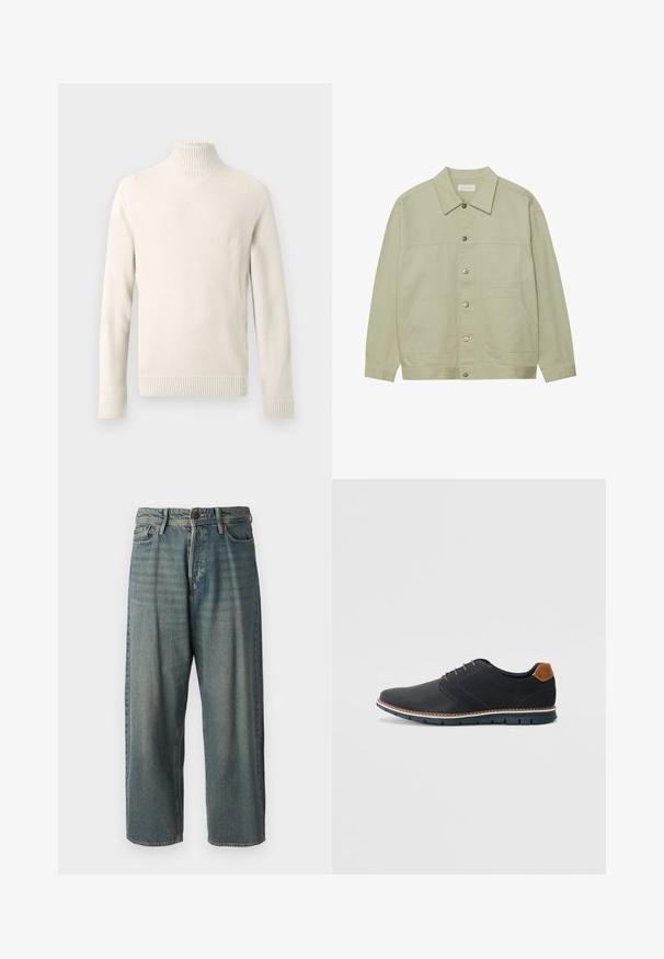 Svijetlozelena jakna na dugmad napravljena od pamuka. Ima dva prednja džepa i klasičan ovratnik. Tekstuirana tkanina sa glatkom završnom obradom.; Pulover s dugim rukavima od pletiva boje kreme s stojećim ovratnikom, prikazan na bijeloj pozadini.; Svijetloplave traperice s širokim krojem, srednjim pojasom i ravnim nogavicama. Ima pet džepova, petlje za remen i kopčanje na gumb.; Crne sintetičke cipele s teksturiranim gornjim dijelom, glatkim akcentima, smešnim petom i kontrastnom potplatom. Imaju minimalne vezice i detalje šivanja.