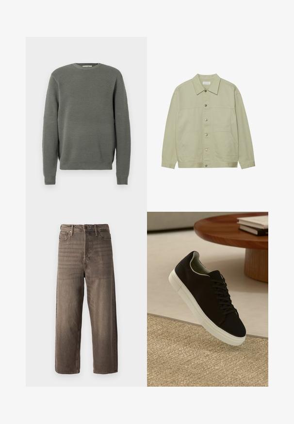 Lys grønn, knappet jakke laget av bomull. Har to frontlommer og en klassisk krage. Teksturert stoff med en glatt overflate.; Grønn rillestrikket genser med rund hals, teksturert stoff, lange ermer og ribbestrikkede mansjetter og kant. Enkel, rett snitt-design.; Brune vidde bukser laget av denim. Har glidelås, beltehemper og fem lommer. Stoffet har et falmet, teksturert utseende.; Svart sneakers med hvit såle som svever over en beige teksturert teppe nær et rundt trebord med stablede bøker.