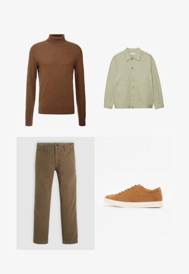 Chaqueta de algodón de color verde claro, con botones. Presenta dos bolsillos de parche en la parte frontal y un collar clásico. Tejido texturizado con un acabado suave.; Suéter de cuello alto marrón hecho de un tejido suave, con mangas largas, puños acanalados y un diseño ajustado sin patrones visibles.; Pantalones de algodón color caqui con un diseño de pierna recta, que cuentan con un cierre de botón, dos bolsillos frontales y una textura suave.; Zapatillas de gamuza marrón con un diseño de caña baja, suela de goma blanca y punta redonda. Presentan cordones a juego y un logotipo mínimo en el talón.
