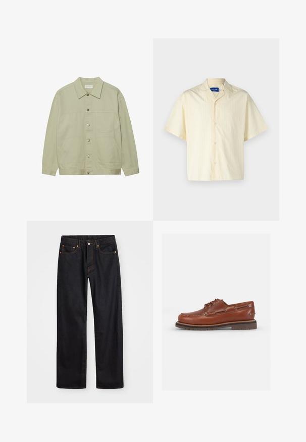 Světle zelená, zapínací bunda vyrobená z bavlny. Obsahuje dvě přední náprsní kapsy a klasický límeček. Texturovaná látka s hladkým povrchem.; Jack & Jones JORBOXY SHIRT - Košile - antique white; Pánské černé džíny rovného střihu s pěti kapsami a oranžovým prošíváním, s knoflíkem a zipem na předním pásku.; Hnědé kožené lodní boty s kulatou špičkou, šněrováním a kovovými očky. Texturovaná podrážka pro lepší přilnavost. Klasický, ležérní styl.