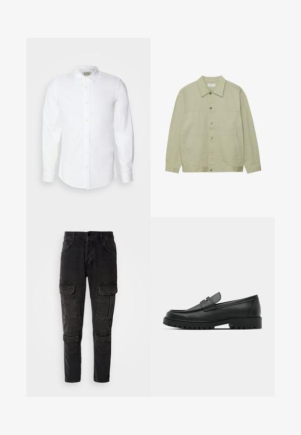 Jasnozielona, zapinana na guziki kurtka wykonana z bawełny. Posiada dwie przednie kieszenie typu patch oraz klasyczny kołnierz. Teksturowana tkanina o gładkim wykończeniu.; Biała koszula zapinana na guziki, wykonana z bawełny, z klasycznym kołnierzykiem, długimi rękawami i subtelnym haftem na lewej piersi. Posiada beżowe guziki.; Czarne spodnie cargo z wieloma kieszeniami bocznymi, zwężanymi nogawkami i wytrzymałą teksturą denimu. Zapięcie na guzik i zamek błyskawiczny.; Czarne skórzane mokasyny z zaokrąglonym noskiem, posiadające przeszywany wzór, niską platformę oraz teksturowaną, gumową podeszwę z bieżnikiem.