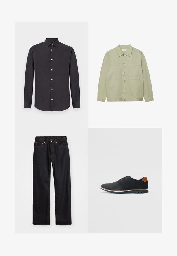 Light green, button-up jacket made of cotton. Features two front patch pockets and a classic collar. Textured fabric with a smooth finish.; Long-sleeve black button-up shirt made of a smooth fabric with a pointed collar and silver buttons, featuring a straight hem and fitted shape.; Men’s straight-leg black denim jeans with five pockets and orange stitching, button and zip closure on front waistband.; Black synthetic shoes with a textured upper, smooth accents, brown heel, and a contrasting sole. Features minimal lacing and stitch details.