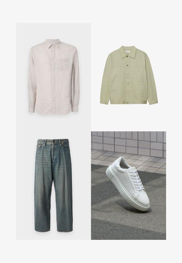 Lys grønn, knappet jakke laget av bomull. Har to frontlommer og en klassisk krage. Teksturert stoff med en glatt overflate.; GAP STANDARD - Button down-skjorte - tonal khaki; Lyseblå denimjeans med løs passform, midjehøyde og rette ben. Har fem lommer, beltehemper og knappelukking.; Hvit lær sneaker med glatt overflate, rund tå og flate hvite snøringer. Har en teksturert gummisåle og minimale design elementer.