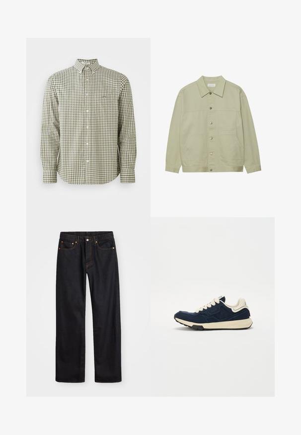 Šviesiai žalia, mygtukais užsegama striukė, pagaminta iš medvilnės. Pasižymi dviem priekinėmis kišenėmis ir klasikiniu aplankalu. Tekstūruotas audinys su lygiu paviršiumi.; Žalias ir baltas languotas ilgomis rankovėmis marškinys su mygtukų apykakle, turintis mažą krūtinės kišenę ir baltus mygtukus.; Vyrų tiesaus kirpimo juodi džinsai iš denim medžiagos, su penkiomis kišenėmis ir oranžinėmis siūlėmis, su mygtuko ir užtrauktuko uždarymu ant priekio.; Tamsiai mėlynos spalvos sportbačiai su tekstūruota zomšinė viršutine dalimi, kreminėmis raišteliais ir smėlio spalvos viduriu. Yra klasikinio sportinio dizaino ir guma dengtu padu.