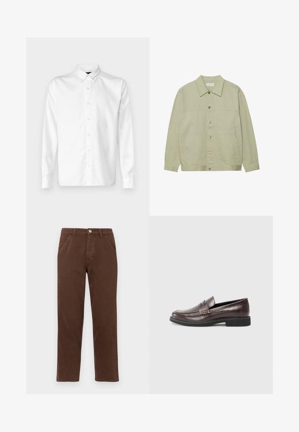 Giacca button-up verde chiaro realizzata in cotone. Presenta due tasche anteriori a toppa e un collo classico. Tessuto testurizzato con finitura liscia.; Camicia bianca con bottoni, realizzata in tessuto liscio, con colletto classico, maniche lunghe e orlo dritto. Design minimalista senza motivi.; Pantaloni di cotone marrone con gamba dritta, tasche frontali e chiusura con bottone metallico. Presentano una consistenza liscia e un design minimale.; Mocassini in pelle marrone con una finitura liscia, caratterizzati da un sottile dettaglio cucito sulla tomaia e una suola in gomma nera.