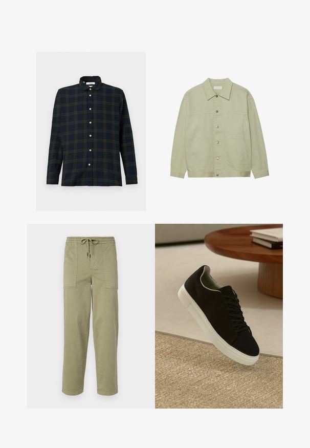 Svetlozelena, jakna na gumb iz bombaža. Ima dva sprednja žepa in klasičen ovratnik. Teksturo ima s smooth koncem.; Srajca s dolgimi rokavi v karo vzoru v temno zeleni in mornarsko modri barvi, izdelana iz bombaža, s kragnjo na gumbe in sprednjim zapenjanjem na gumbe.; Hlače svetlo olivno zelene barve, izdelane iz bombažne mešanice, z elastičnim pasom in vrvico ter dvema velikima stranskima žepoma.; Črni športni copat z belim podplatom lebdi nad bež teksturiranim preprogam blizu okroglega lesenega mize z zloženimi knjigami.