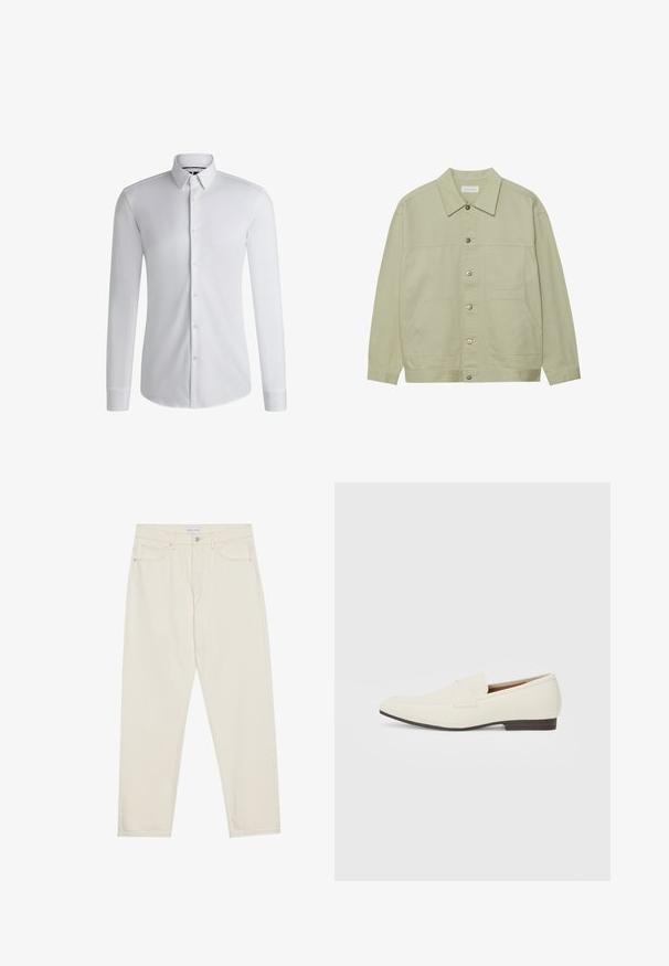 Lys grønn, knappet jakke laget av bomull. Har to frontlommer og en klassisk krage. Teksturert stoff med en glatt overflate.; Langermet hvit dresskjorte laget av glatt stoff, med krage med knapper og en rad med knapper foran. Enkelt design.; Beige denimbukser med rett benklipp, med fem lommer, knappelukking og subtile sømdetaljer. Glatt tekstur.; Lyse beige loafers med spiss tå, glatt materiale, en stropp over vampsen, og en lav brun såle. Enkel design med minimale detaljer.
