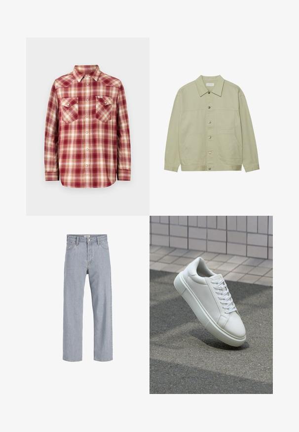 Ανοιχτό πράσινο, πουκάμισο με κουμπιά φτιαγμένο από βαμβάκι. Διαθέτει δύο μπροστά τσεπάκια και κλασικό γιακά. Υφασμάτινη υφή με λεία επιφάνεια.; Κόκκινο και κρεμ καρό φλιάντ σακάκι με πουκάμισο κολάρο, μακριά μανίκια και δύο τσέπες στο στήθος. Διαθέτει μεταλλικά κουμπιά και άνετη εφαρμογή.; Ανοιχτό μπλε τζιν παντελόνι με χαλαρή εφαρμογή, ίσια γραμμή, εμφανή ραφή, δύο μπροστινές τσέπες και κλείσιμο με κουμπί.; Λευκό δερμάτινο αθλητικό παπούτσι με λείο επιφάνεια, στρογγυλή μύτη και επίπεδα λευκά κορδόνια. Διαθέτει υφασμάτινη καουτσούκ σόλα και ελάχιστα σχεδιαστικά στοιχεία.
