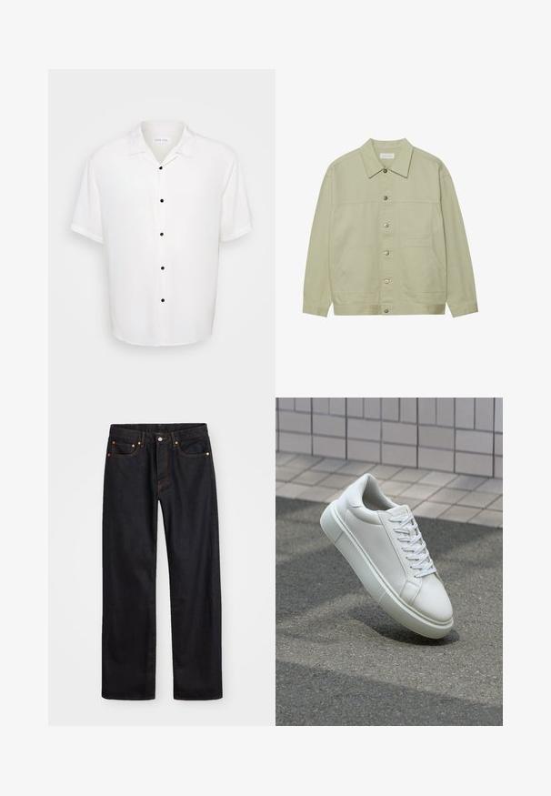 Giacca button-up verde chiaro realizzata in cotone. Presenta due tasche anteriori a toppa e un collo classico. Tessuto testurizzato con finitura liscia.; Camicetta bianca a maniche corte con colletto e cinque bottoni neri sul davanti, realizzata in un tessuto morbido e leggero.; Jeans neri in denim dritto da uomo con cinque tasche e cuciture arancioni, chiusura con bottone e zip sulla vita anteriore.; Sneaker bianco in pelle con superficie liscia, punta rotonda e lacci piatti bianchi. Presenta una suola in gomma texturizzata e un design minimale.
