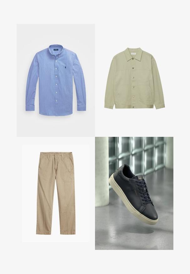 Svetlozelená, zapínacia bunda z bavlny. Disponuje dvoma prednými vačkovými vreckami a klasickým golierom. Textúrovaná tkanina s hladkým povrchom.; Dlhý rukáv, modro-biely pruhovaný košeľový top s gombíkmi. Má klasický golier a malé logo, vyrobené z ľahkej bavlny.; Béžové chinos nohavice rovného strihu s pútkami na opasok, predným gombíkom a zipsom, a šikmými prednými vreckami.; Námorné kožené tenisky s okrúhlou špičkou, plochými šnúrkami a textúrovanou podrážkou; obsahuje logo na jazyku, kontrastujúce so smotanovou podrážkou.