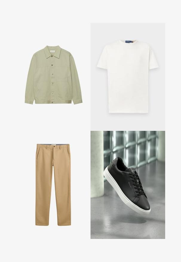 Lichtgroene, knoopsluiting jas van katoen. Voorzien van twee voorste opgestikte zakken en een klassieke kraag. Gelaagd stof met een gladde afwerking.; Effen witte T-shirt met korte mouwen en ronde hals, met een subtiel geborduurd logo op de linkerborst en een merklabel op de kraag.; Beige chino's met een rechte pijp, voorzien van zijzakken en een knoopsluiting. Gemaakt van zachte, gestructureerde stof.; Zwarte leren sneaker met een witte rubberen zool, ronde neus en veters. Kenmerkt zich door een gladde textuur en subtiele branding op de tong.