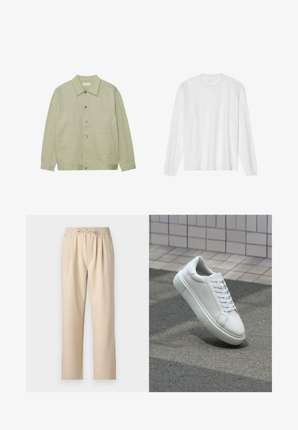 Light green, button-up jacket made of cotton. Features two front patch pockets and a classic collar. Textured fabric with a smooth finish.; Long-sleeve white cotton t-shirt with a crew neck and ribbed cuffs. Simple, unembellished design, featuring smooth texture and standard fit.; Beige trousers featuring an elastic waistband with drawstring, straight leg design, and soft, smooth fabric texture.; White leather sneaker with a smooth surface, round toe, and flat white laces. Features a textured rubber sole and minimal design elements.