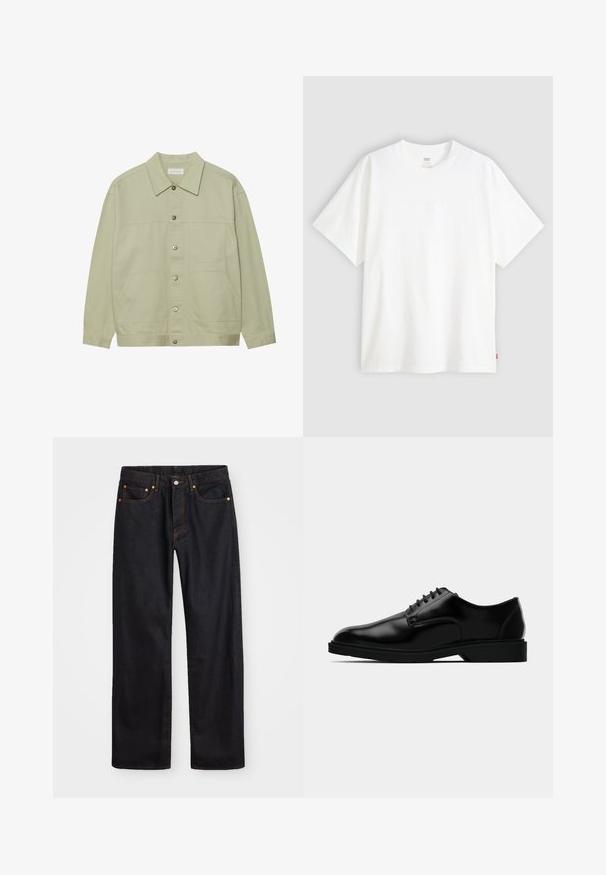 Lys grønn, knappet jakke laget av bomull. Har to frontlommer og en klassisk krage. Teksturert stoff med en glatt overflate.; Hvit t-skjorte med korte ermer laget av bomull, med rund hals. Har diskret preget logo detalj foran og en rød etikett på kanten.; Men's straight-leg svarte denim jeans med fem lommer og oransje søm, knapp og glidelås lukking foran på midjen.; Sorte lærdressko med en glatt overflate, rund tå, snøring og en diskret gummisåle for godt feste.