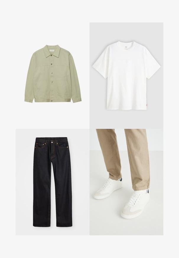 Giacca button-up verde chiaro realizzata in cotone. Presenta due tasche anteriori a toppa e un collo classico. Tessuto testurizzato con finitura liscia.; T-shirt bianco a maniche corte in cotone con collo rotondo. Presenta un discreto dettaglio logo in rilievo sulla parte frontale e un'etichetta rossa sull'orlo.; Jeans neri in denim dritto da uomo con cinque tasche e cuciture arancioni, chiusura con bottone e zip sulla vita anteriore.; Sneaker bianche basse con dettagli in suede, con lacci e un’applicazione sul tallone di colore blu navy, abbinate a pantaloni khaki. Texture liscia e un design minimalista.