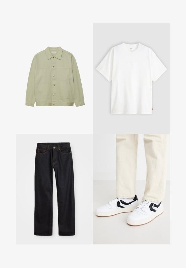 Lys grønn, knappet jakke laget av bomull. Har to frontlommer og en klassisk krage. Teksturert stoff med en glatt overflate.; Hvit t-skjorte med korte ermer laget av bomull, med rund hals. Har diskret preget logo detalj foran og en rød etikett på kanten.; Men's straight-leg svarte denim jeans med fem lommer og oransje søm, knapp og glidelås lukking foran på midjen.; Hvite joggesko med et svart geometrisk design, teksturert overdel og en kraftig hvit såle med lys brun mønster.